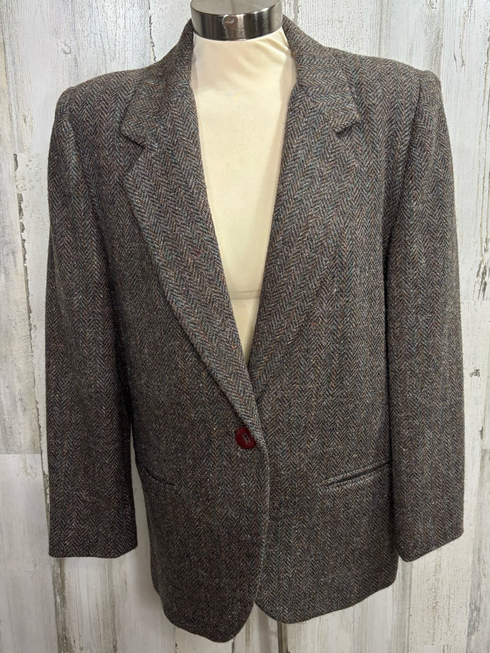 Worthington Vintage Brown Herringbone Tweed Wool Blazer